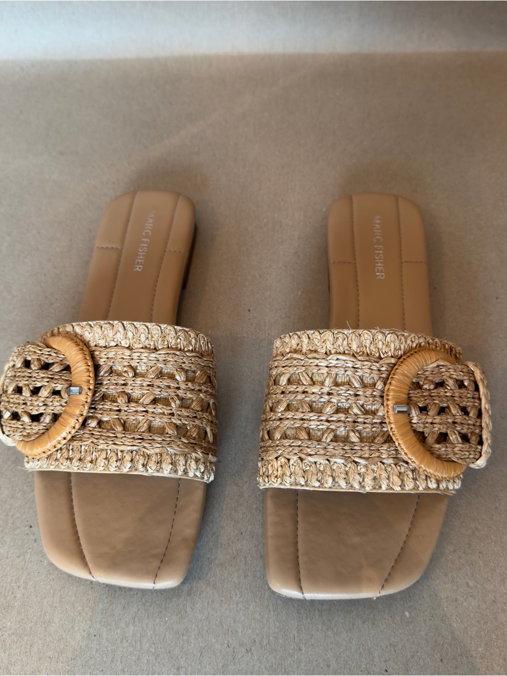 Marc Fisher Tan Raffia Buckle Slide Sandals